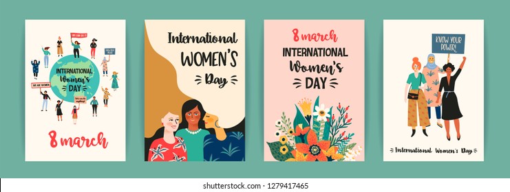 International Womens Day. Vector templates with women different nationalities and cultures. Struggle for freedom, independence, equality.