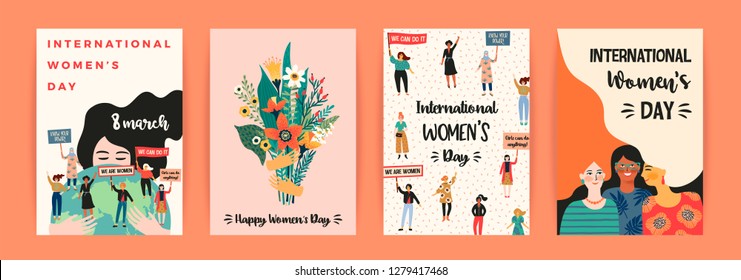 International Womens Day. Vector templates with women different nationalities and cultures. Struggle for freedom, independence, equality.