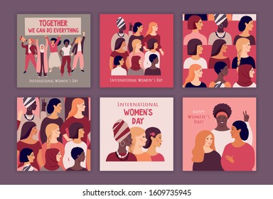 International Womens Day. Vector templates with women different nationalities and cultures. Struggle for freedom, independence, equality.