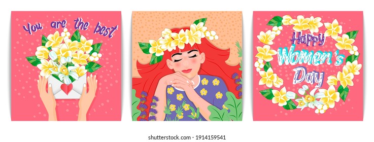 International Women's Day. Vector templates with a girl, hands holding an envelope with a bouquet, a wreath of yellow and white flowers.Created for cards, posters, flyers and other users.