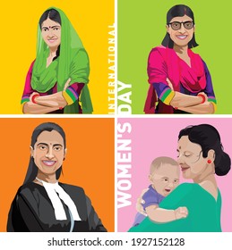 International Womens Day. Vector templates with women different nationalities and cultures.