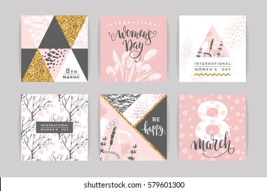 Día Internacional de la Mujer. Plantillas vectoriales con diseño de letras y textura de dibujo a mano. Diseño para tarjetas, afiches, volantes y otros usuarios.