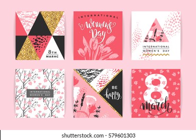 International Women's Day. Vector templates with lettering design and hand draw texture. Design for card, poster, flyer and other users.