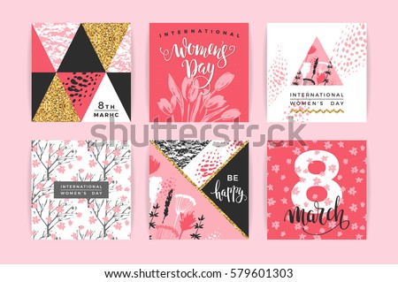 International Women's Day. Vector templates with lettering design and hand draw texture. Design for card, poster, flyer and other users.