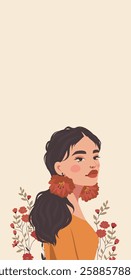 International Women's Day. Vector vertical holiday illustration, greeting card with space for text. Beautiful woman with bud earrings on floral background. Feminism, women empowerment, gender equality