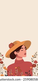 International Women's Day. Vector vertical holiday illustration, greeting card with place for text. Beautiful woman in hat on floral background. Feminism, women empowerment, gender equality