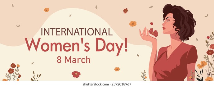 International Women's Day. Vector vertical holiday illustration, card with space for text. Beautiful woman surrounded by flowers. Feminism, women's empowerment, gender equality. For women's projects