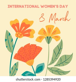 International Women's Day. Vector vintage template with flowers in retro style. Can be used for banner, poster, card, postcard and printable.