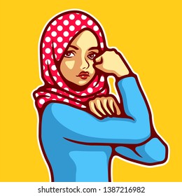 International Women's Day Vector, Woman Wearing Hijab In Classic Rosie The Riveter Pose. - Vector