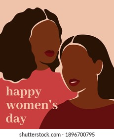 International Women's day vertical card with Two black women supporting each other. African American girls stand side by side. Sisterhood and female friendship. Vector illustration