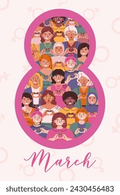 International Women's Day vertical card. Slogan of Inspire Inclusion and symbol 8 March. Colorful background with various women make a heart gesture in flat vector style.