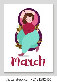 International Womens Day vertical poster. Self care, love yourself icon or body positive concept. Joyful girl shows heart with hands. Invitation with number 8 and spring plants. Vector illustration.