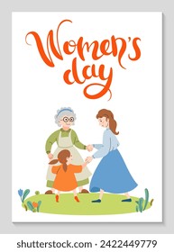 International Women's Day vertical poster. Three generations of women dancing together. Happy family women Grandmother, mother, daughter. Spring mood. Background for web. Vector flat illustration.