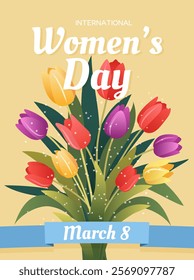 International Women's Day. Vertical poster, banner or greeting card with bouquet of different tulips and ribbon. Floral background for March 8. Vector template for the global celebration of women.