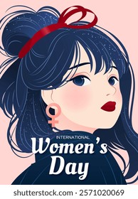 International Women's Day. Vertical poster, banner or greeting card with beautiful Asian woman and Venus symbol. Elegant background for March 8. Vector template for the global celebration of women.