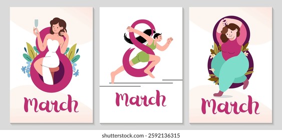 International Women's Day vertical posters set. Self care, love yourself icon or body positive concept. Joyful girl with champagne. Invitation with number 8 and spring plants. Vector illustration.