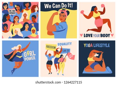 International Women's Day. We Can Do It poster. Strong girl. Symbol of female power, woman rights, protest, feminism. Vector colorful banners woman in retro style.