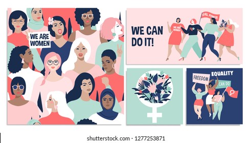 International Women's Day. We can do it! Vector templates for card, poster, flyer and other users.