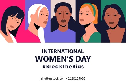 International Women's Day web banner illustration. 8th march. Break The Bias campaign. Diverse women of different cultures. The struggle for rights, independence, equality. Eps 10.