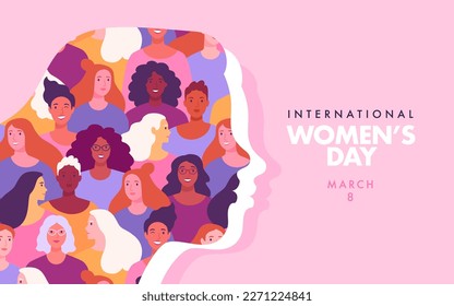 International Women's Day web banner concept. Vector cartoon illustration in a trendy flat style of a silhouette of woman's portrait in profile, made up of a pattern of many diverse women.  - Shutterstock ID 2271224841