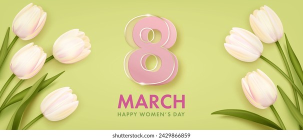 Plantilla de diseño de banner web o tarjeta de felicitación del día internacional de la mujer con tulipanes rosas realistas sobre fondo verde. Ilustración de vector