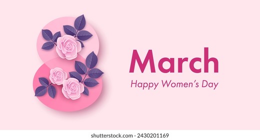 Banner web del Día Internacional de la Mujer o plantilla de diseño de tarjeta de felicitación con rosas sobre fondo rosa. Ilustración de vector