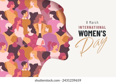 International Women's Day web banner concept. Vector cartoon illustration in a trendy flat style of a silhouette of woman's portrait in profile, made up of a pattern of many diverse women.