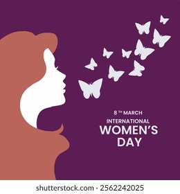 International women`s day with White face women lady and butterfly on violet background