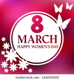 International Women's Day. White flowers and butterflies on pink background. Greeting card. 8 march. Happy women's day.