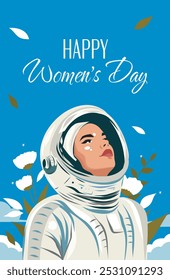 International Women's Day. Woman astronaut in a spacesuit against the sky and flowers. Banner with space for text. Vector illustration, postcard