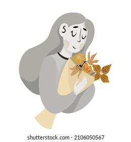 International Women's Day. Woman holding a bouquet of spring flowers. Concept for the Mother's day, Valentine's day, March 8 women's day. Can be used for poster, card, postcard and print.