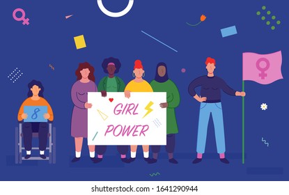 International women's day. Women of different cultures and nationalities fight for freedom and equality. Women's day concept. Vector illustration
