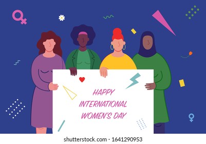 International women's day. Women of different cultures and nationalities fight for freedom and equality. Women's day concept. Vector illustration