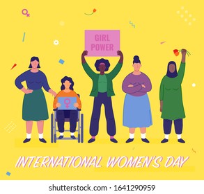 International women's day. Women of different cultures and nationalities fight for freedom and equality. Women's day concept. Vector illustration