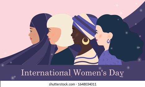 International Women's Day. Women of different nationalities, cultures, skin colors together. Female tenderness and strength concept. Trendy postcard, flyer, poster, banner. Womens vector illustration