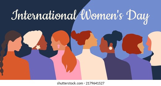 International Women's Day. Women of different ages, nationalities and religions come together. Horizontal blue poster. Vector.