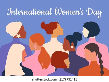 International Women's Day. Women of different ages, nationalities and religions come together. Horizontal blue poster. Vector.
