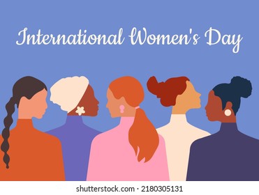 International Women's Day. Women of different ages, nationalities and religions come together. Horizontal blue poster. Vector.