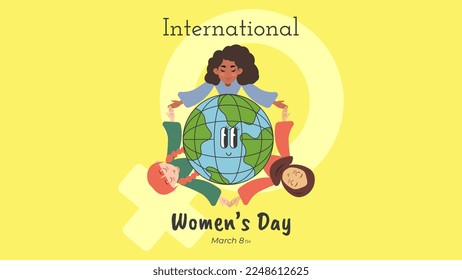 International women's day, with women of different cultures and earth illustration.. Vector