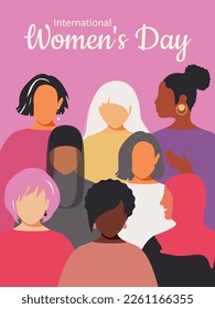 International Women's Day . Women of different ages, nationalities and religions come together. Vertical pink purple poster. Vector.