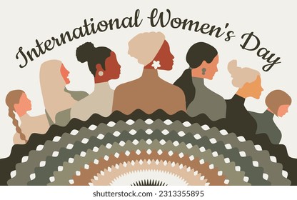 Internationaler Frauentag. Frauen unterschiedlichen Alters, Nationalitäten und Religionen vereinen sich. Horizontales Plakat in Pastelltönen. Vektorgrafik.