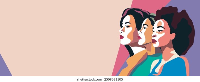 International Women's Day. Women of different cultures and nationalities stand side by side. Movements for gender equality and women's empowerment. Vector illustration for advertising, website, banner