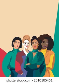 International Women's Day. Women of different skin colors, nationalities and religions stand together. Movements for gender equality and women's empowerment for advertising, website. Vector banner.