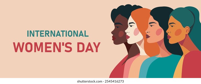 International Women's Day women of different cultures and nationalities stand side by side together. concept of movement for gender equality and protection of women's rights. Vector creative banner