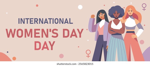 International Women's Day. Women of different skin colors and nationalities stand together. Movements for gender equality and women's empowerment, vector festive illustration with space for text in so