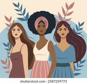 International Women's Day, women of different cultures and nationalities stand side by side against a backdrop of faces and flowers. Movements for gender equality and women's empowerment