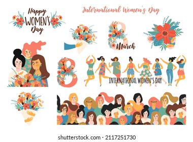 International Womens Day. Women and flowers. Illustrations and inscriptions. Vector clipart. Elements for card, poster, flyer and other use