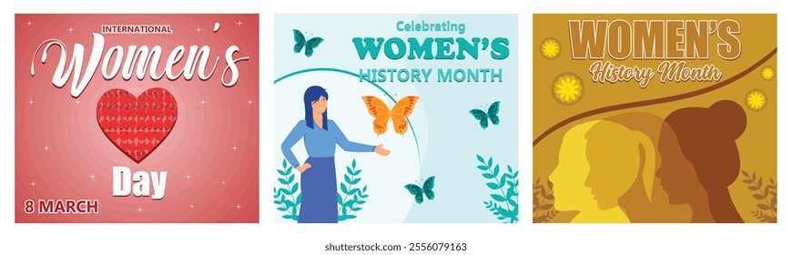 International Women"s Day. Women History Month with Vibrant Butterflies. Artistic Silhouette. Set flat vector modern illustration 