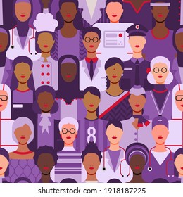 Día Internacional de la Mujer. La mujer en el liderazgo, el empoderamiento, los conceptos de igualdad de género. Patrón sin foco. Multitud de mujeres de diversas edades, razas y ocupación. Fondo de la ilustración del vector.