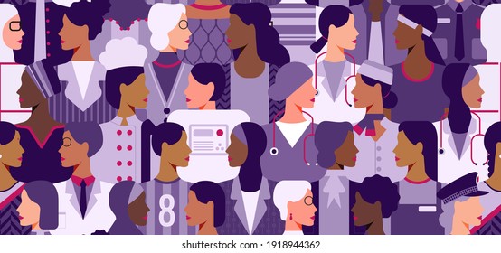 International Women's Day. Women in leadership, woman empowerment, gender equality concepts. Seamless pattern. Crowd of women of diverse age, races and occupation. Vector illustration background.